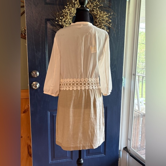 Kensie Linen & Rayon White and Tan Sheath Dress with Pleated Bishop Sleeves NWT - Picture 3 of 12
